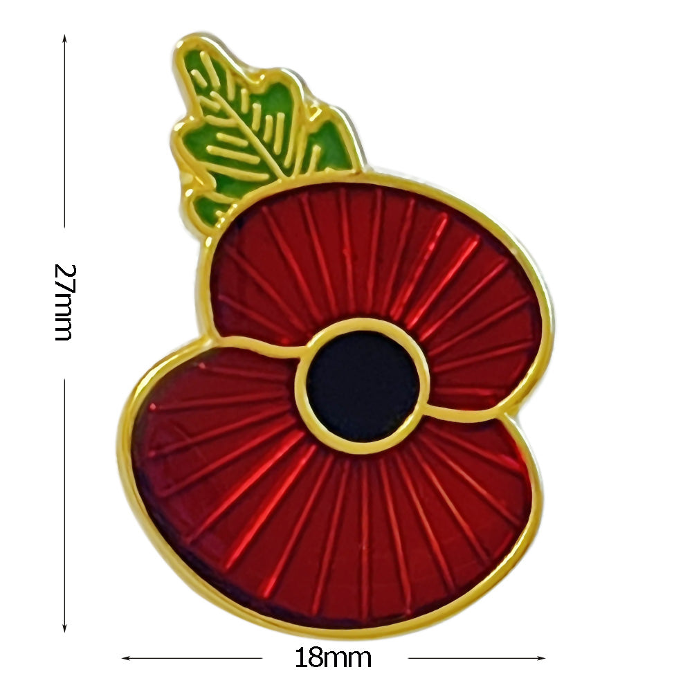 Long Stick Red Poppy Lapel Pin, Gold-Tone, Silver Tone Enamel Brooch, 27mm x 18mm, Remembrance Flower Badge
