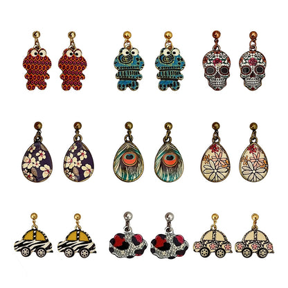 Vintage Enamel Dangle Earrings Bohemian Skull Frog Peacock Flower Cartoon Car Drop Earring Set Women Halloween Jewelry Gift