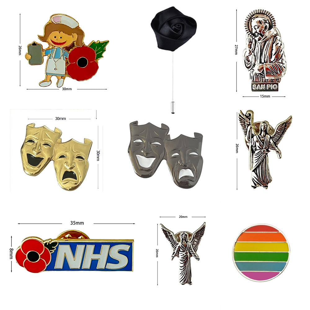 Lapel Pin | Nurse, Theater Mask, Religious Angel, NHS Poppy, Rainbow Pride & Black Rose Brooch