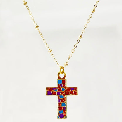 Colorful Mosaic Cross Christian Jewelry - Metal Lapel Pin, Tie Clip & Necklace