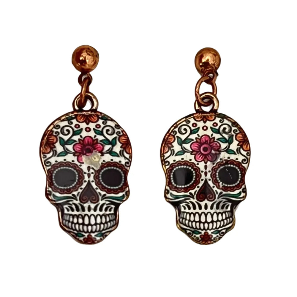 Vintage Enamel Dangle Earrings Bohemian Skull Frog Peacock Flower Cartoon Car Drop Earring Set Women Halloween Jewelry Gift