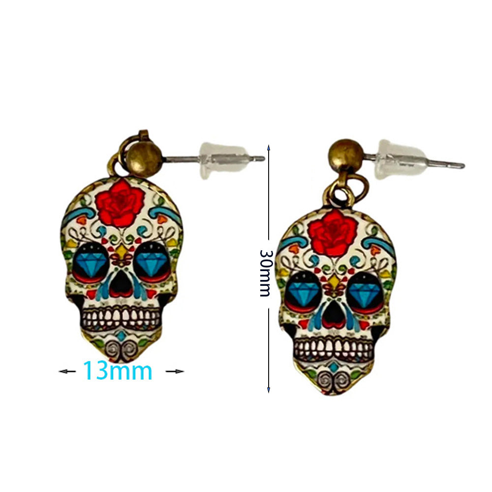 Vintage Enamel Dangle Earrings Bohemian Skull Frog Peacock Flower Cartoon Car Drop Earring Set Women Halloween Jewelry Gift