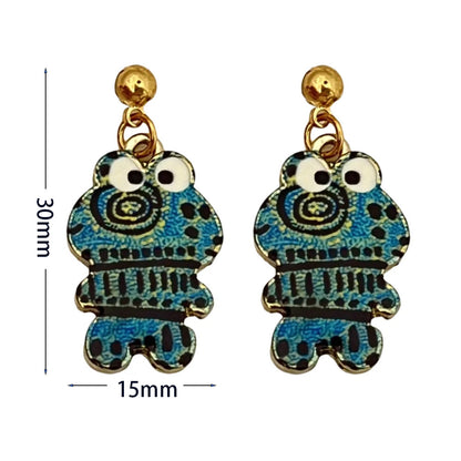 Vintage Enamel Dangle Earrings Bohemian Skull Frog Peacock Flower Cartoon Car Drop Earring Set Women Halloween Jewelry Gift