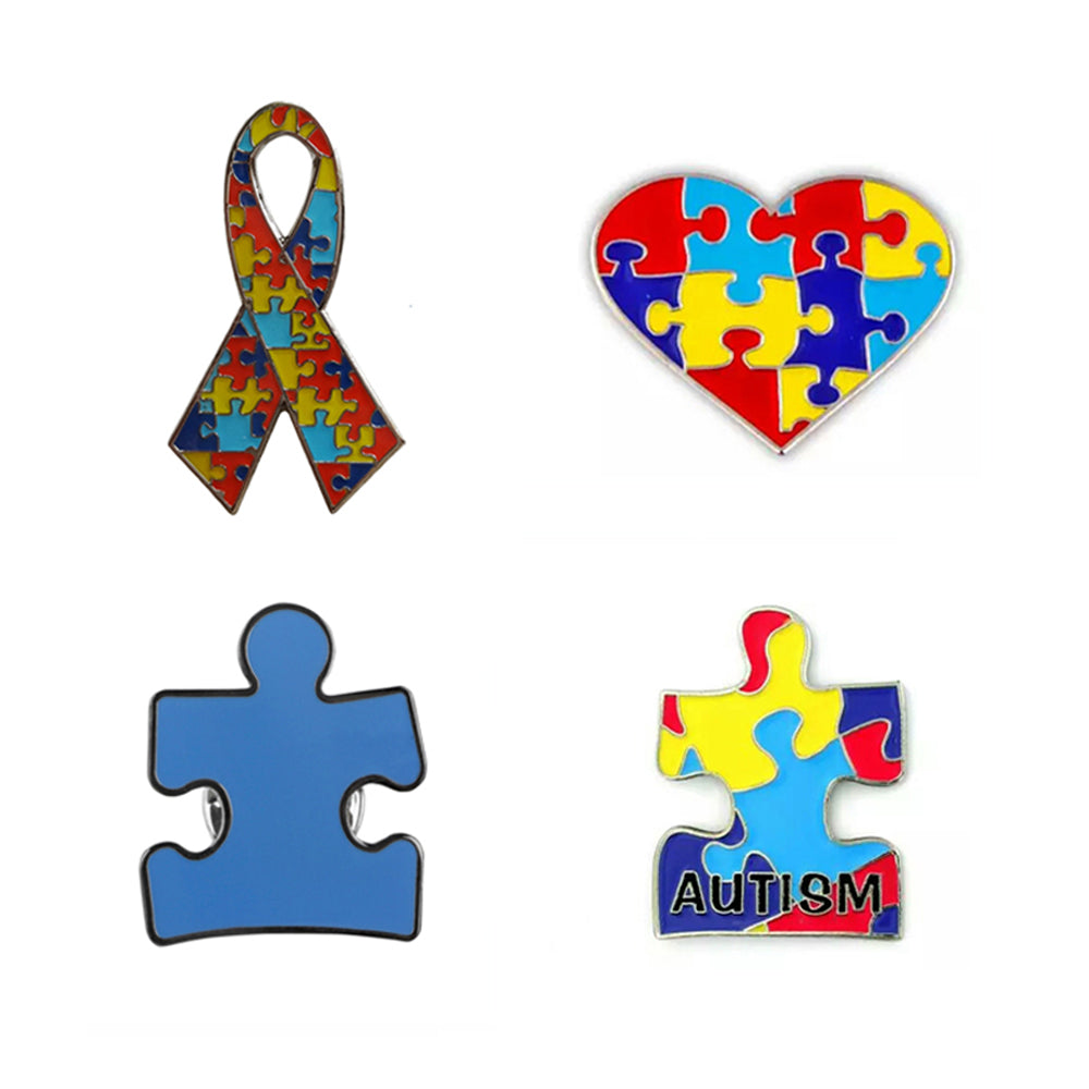 Autism Awareness Puzzle Enamel Lapel Pin - Multi-Color Ribbon, Heart & Puzzle Brooch