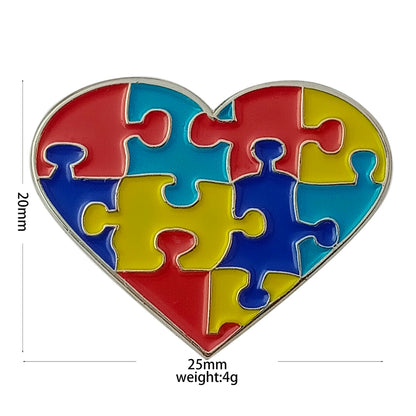 Autism Awareness Puzzle Enamel Lapel Pin - Multi-Color Ribbon, Heart & Puzzle Brooch