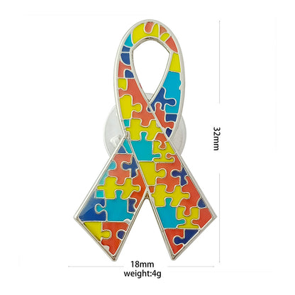 Autism Awareness Puzzle Enamel Lapel Pin - Multi-Color Ribbon, Heart & Puzzle Brooch