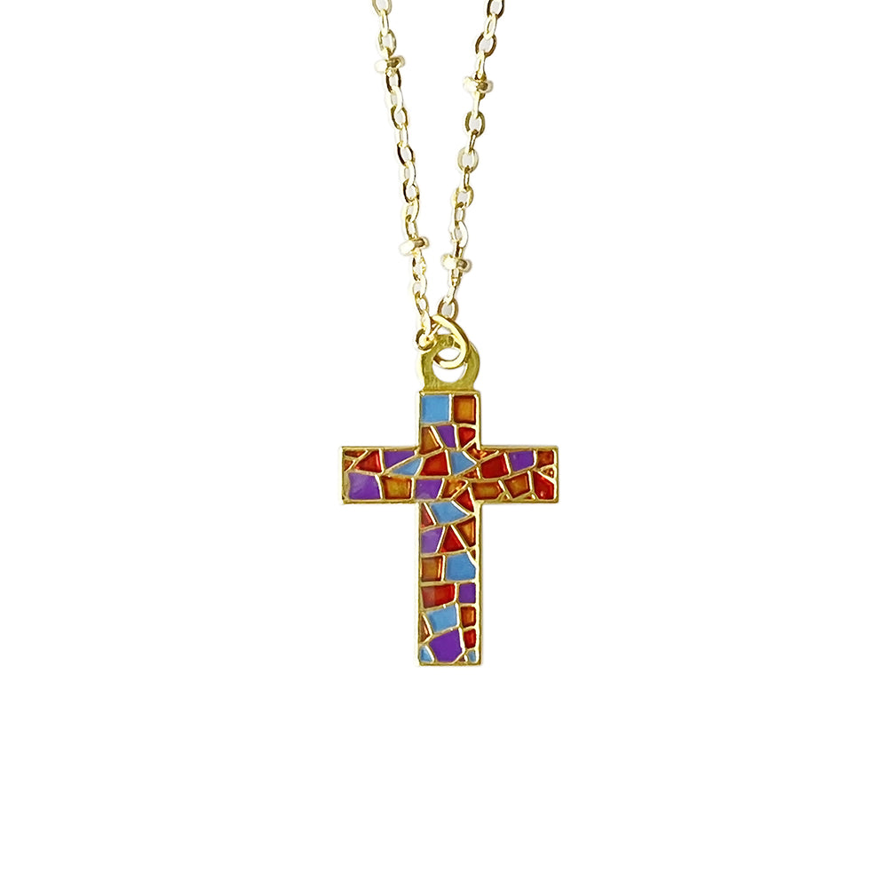 Colorful Mosaic Cross Christian Jewelry - Metal Lapel Pin, Tie Clip & Necklace