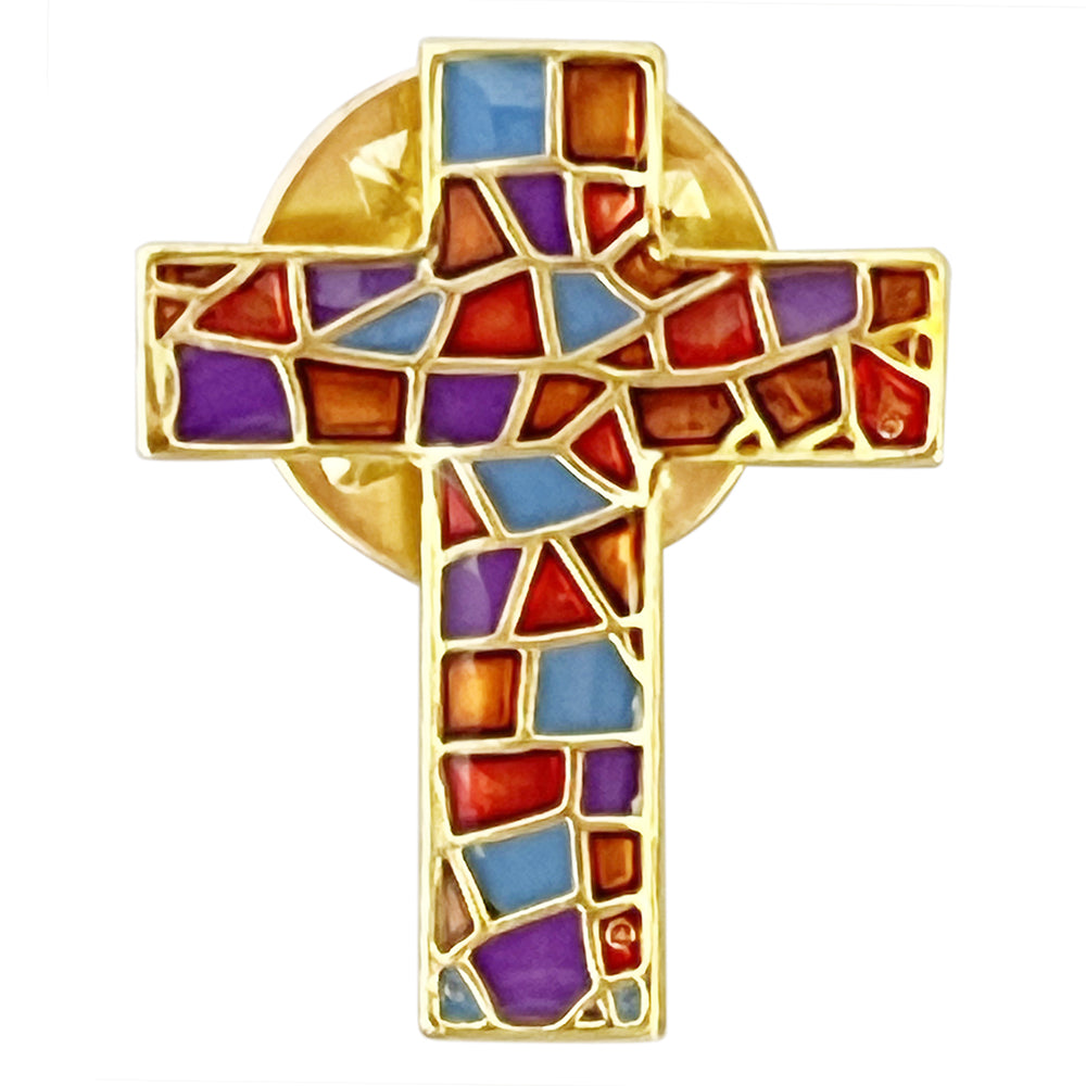 Colorful Mosaic Cross Christian Jewelry - Metal Lapel Pin, Tie Clip & Necklace