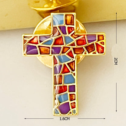 Colorful Mosaic Cross Christian Jewelry - Metal Lapel Pin, Tie Clip & Necklace