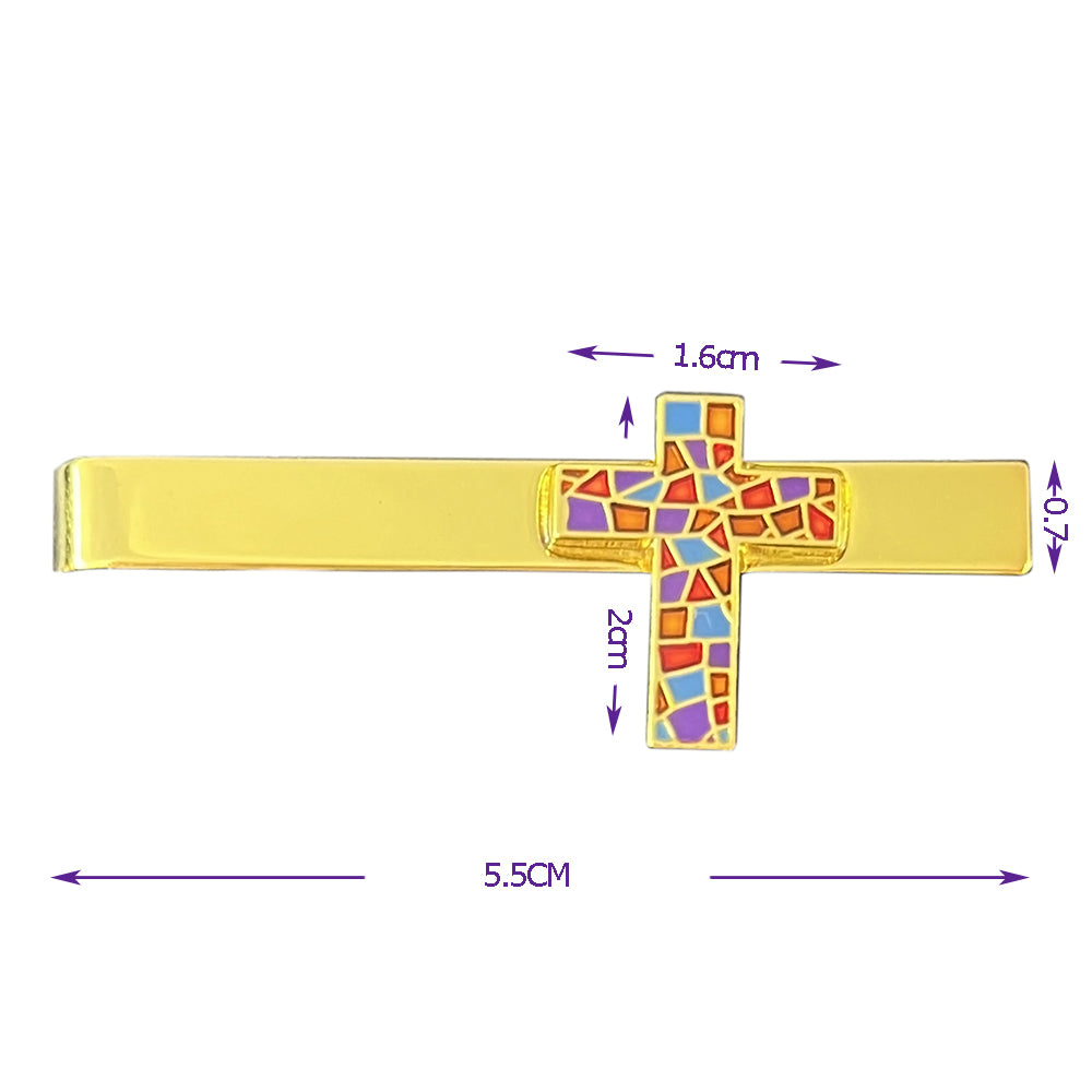 Colorful Mosaic Cross Christian Jewelry - Metal Lapel Pin, Tie Clip & Necklace