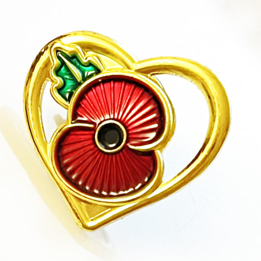 Heart-Shaped Poppy Lapel Pin, Gold-Tone,Trans Paints Red Floral Design, 22mm x 20 mm
