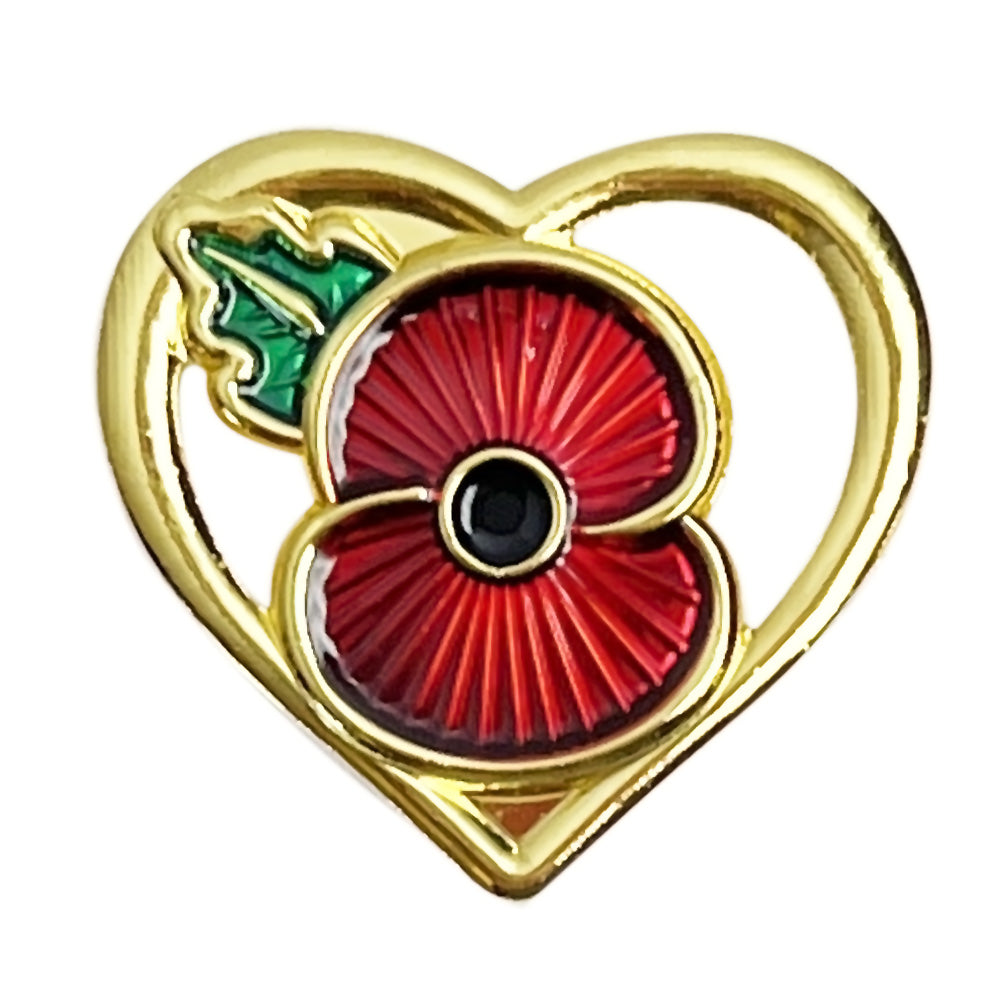 Heart-Shaped Poppy Lapel Pin, Gold-Tone,Trans Paints Red Floral Design, 22mm x 20 mm