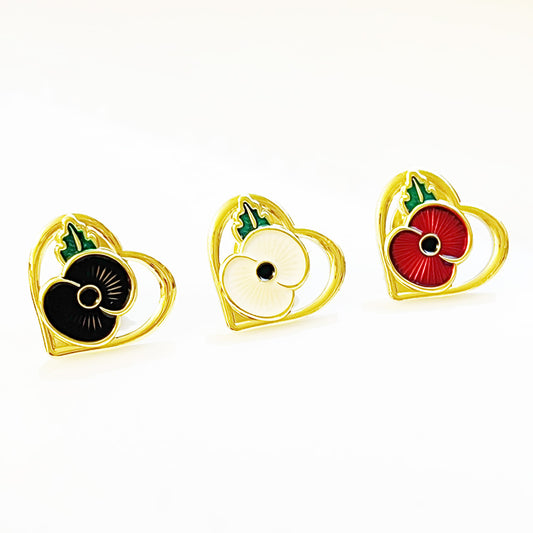 Heart-Shaped Poppy Lapel Pin, Gold-Tone,Trans Paints Red Floral Design, 22mm x 20 mm