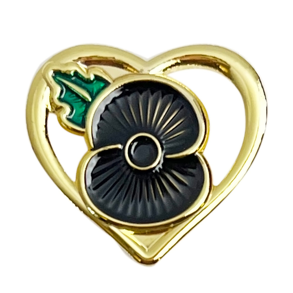 Heart-Shaped Poppy Lapel Pin, Gold-Tone,Trans Paints Red Floral Design, 22mm x 20 mm