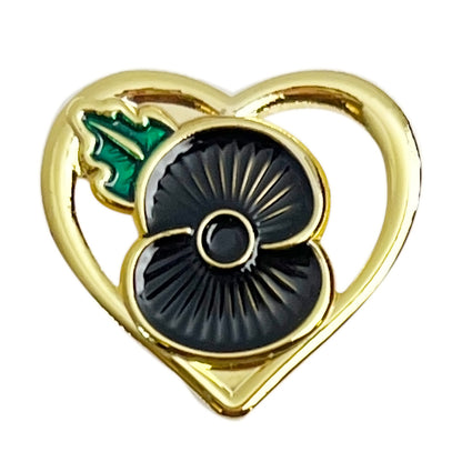 Heart-Shaped Poppy Lapel Pin, Gold-Tone,Trans Paints Red Floral Design, 22mm x 20 mm