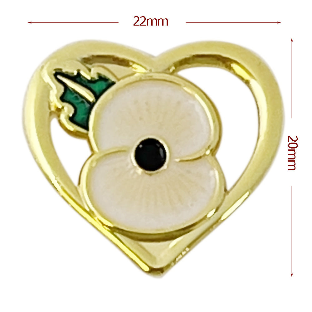 Heart-Shaped Poppy Lapel Pin, Gold-Tone,Trans Paints Red Floral Design, 22mm x 20 mm