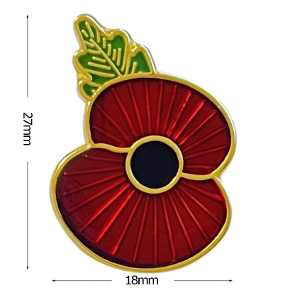 Long Stick Red Poppy Lapel Pin, Gold-Tone, Silver Tone Enamel Brooch, 27mm x 18mm, Remembrance Flower Badge