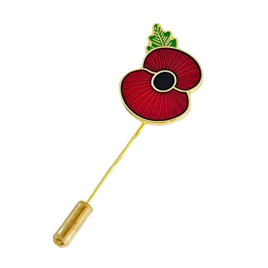 Long Stick Red Poppy Lapel Pin, Gold-Tone, Silver Tone Enamel Brooch, 27mm x 18mm, Remembrance Flower Badge