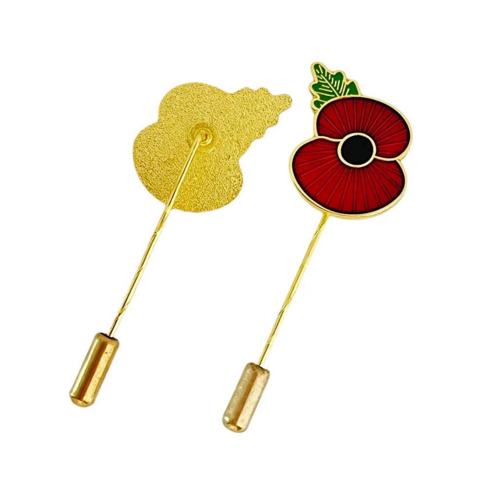 Long Stick Red Poppy Lapel Pin, Gold-Tone, Silver Tone Enamel Brooch, 27mm x 18mm, Remembrance Flower Badge