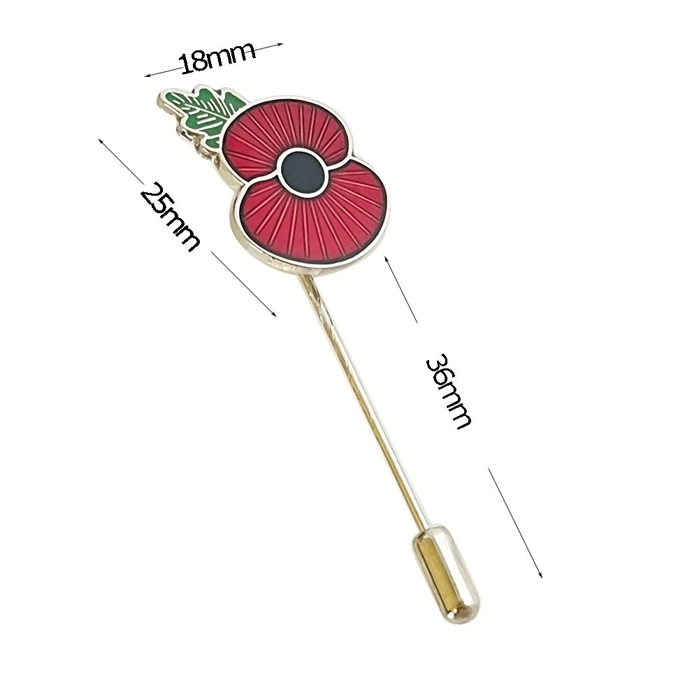 Long Stick Red Poppy Lapel Pin, Gold-Tone, Silver Tone Enamel Brooch, 27mm x 18mm, Remembrance Flower Badge