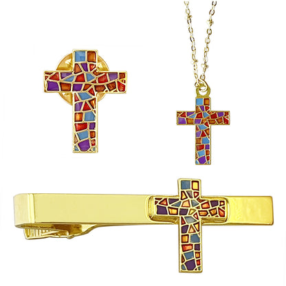 Colorful Mosaic Cross Christian Jewelry - Metal Lapel Pin, Tie Clip & Necklace